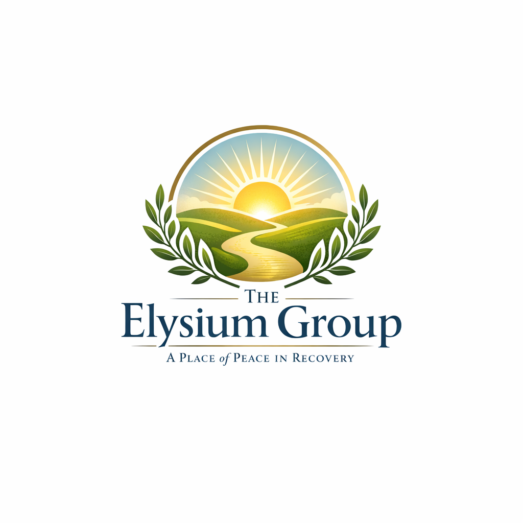Logo of The Elysium Group featuring a sun rising behind green hills and a winding river, encircled by olive branches, with the Motto 'A Place of Peace in Recovery'.