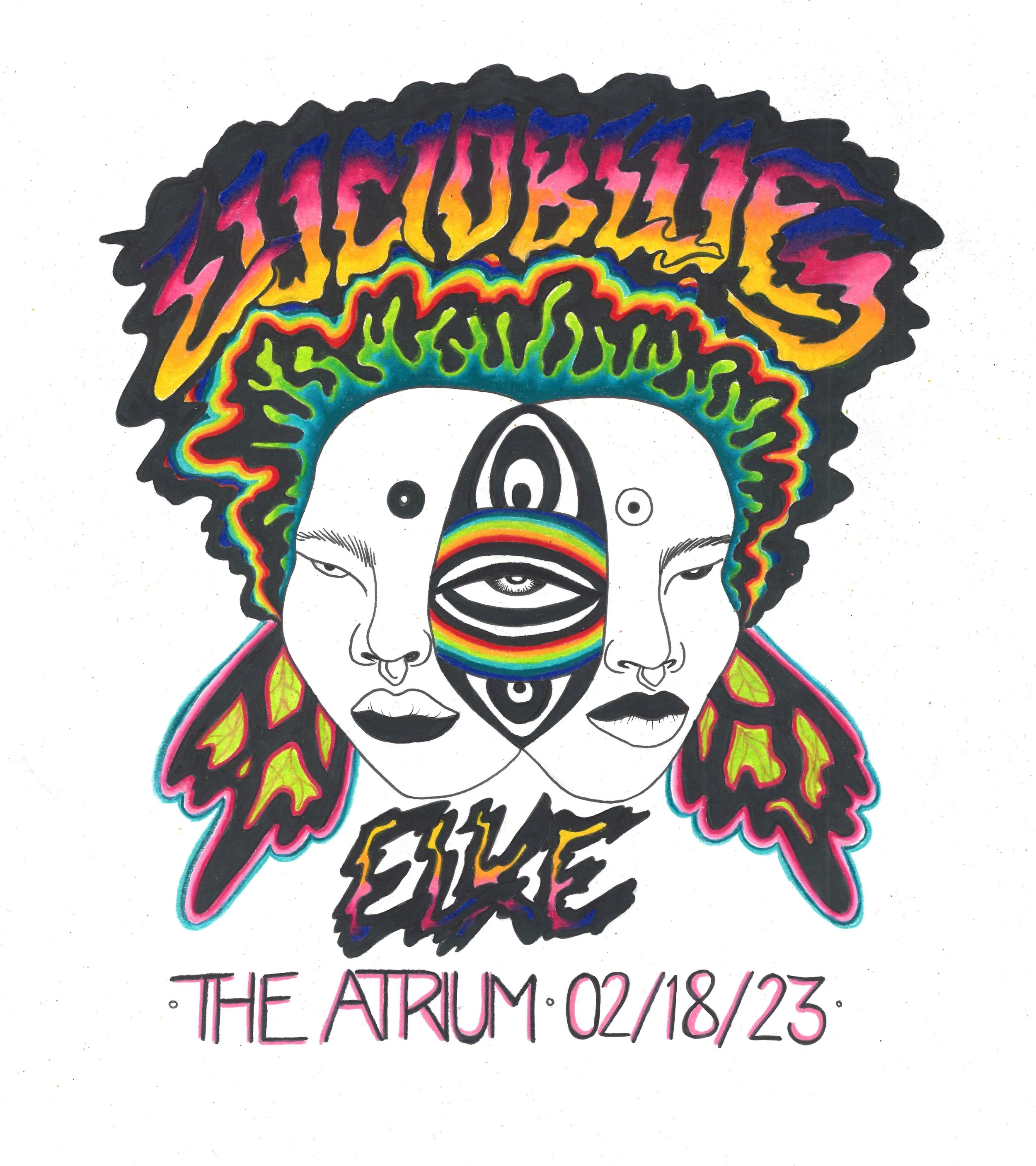 Hand drawn concert poster for Lucid Blues, colored pencil and ink on bristol board