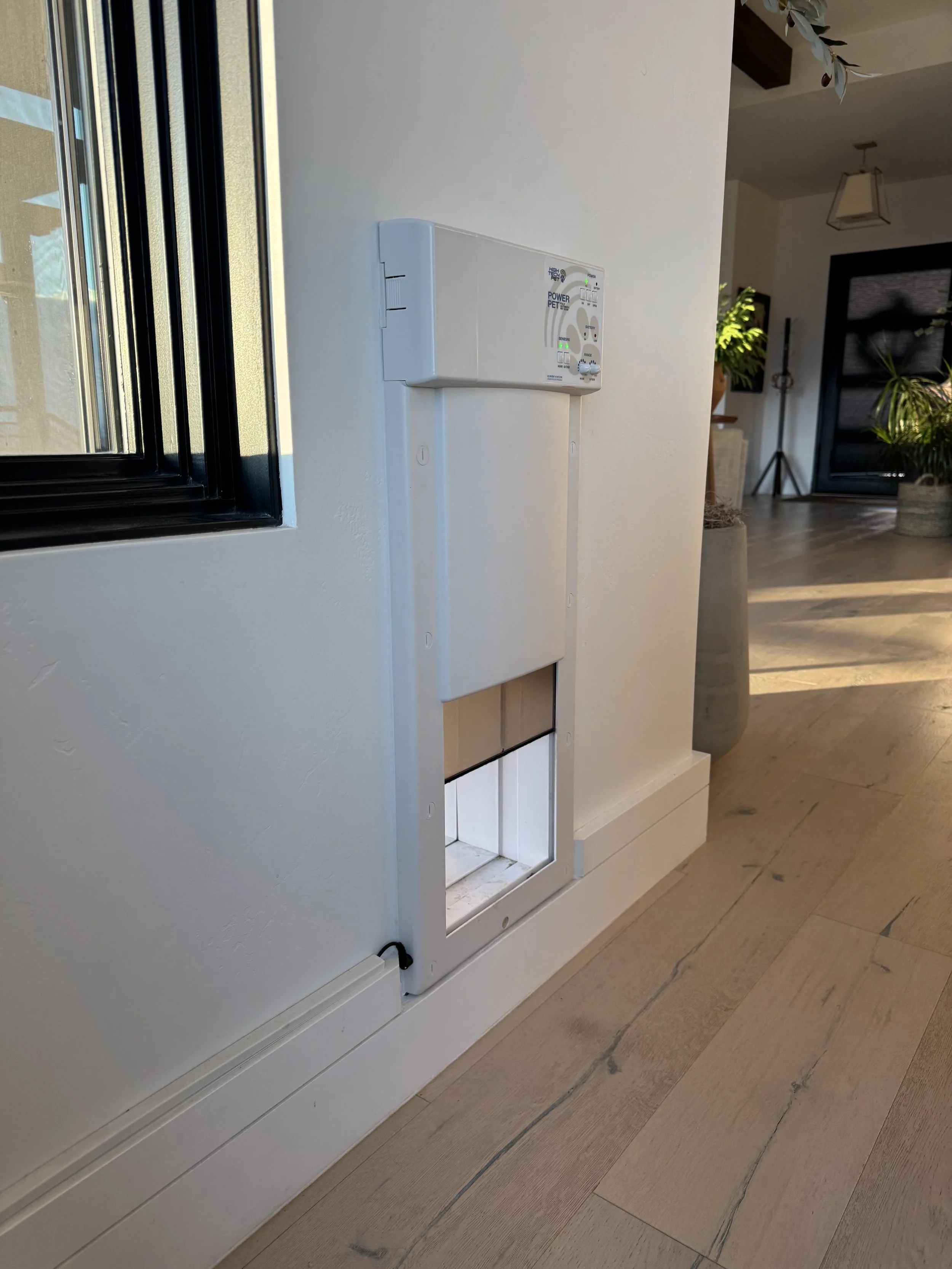 Electronic dog door installed on a deck, allowing a pet to come and go safely while keeping wildlife out.