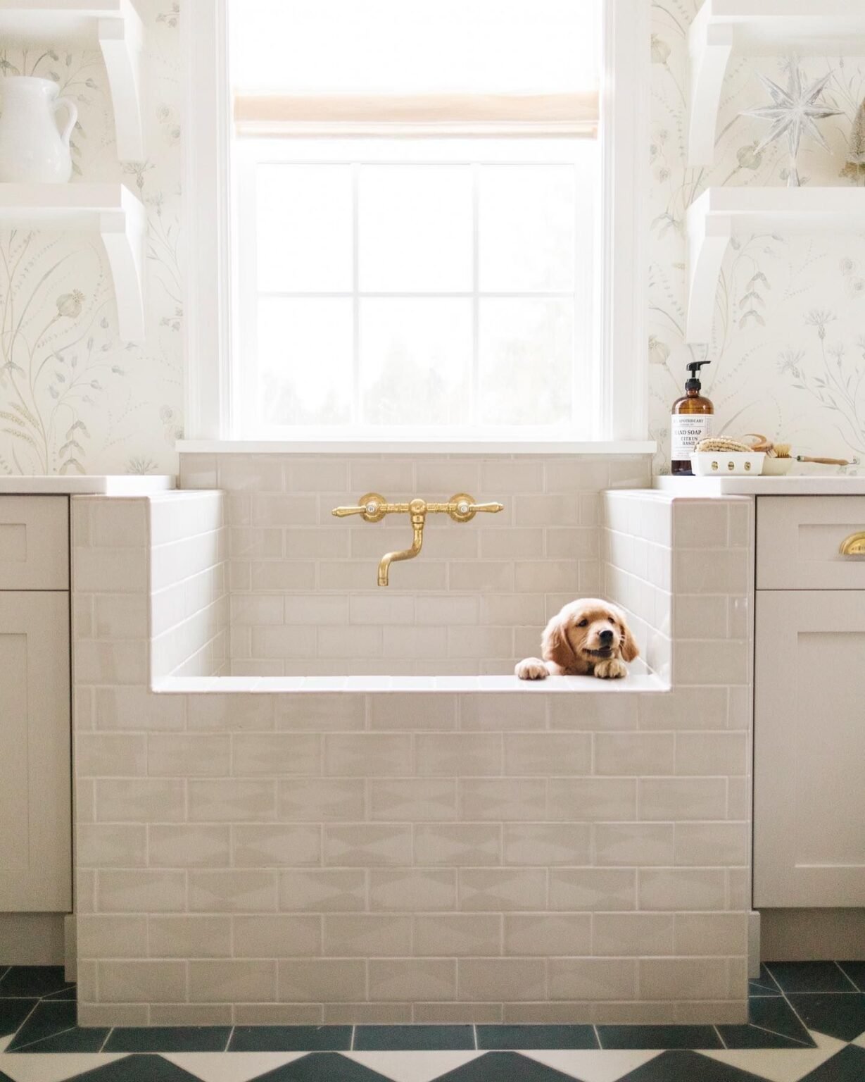 Dog shower with tiled walls, a built-in bench, and a hand sprayer for easy pet bathing in a modern laundry room.