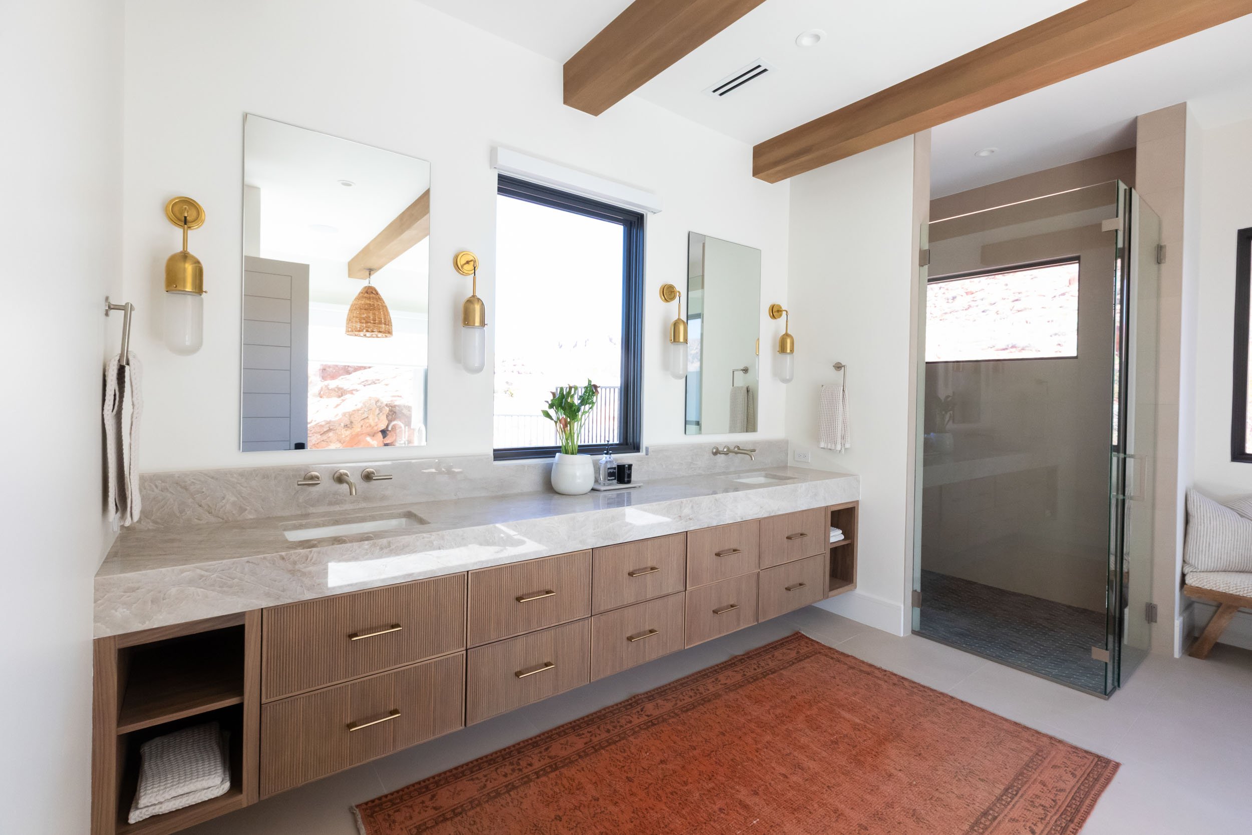 Modern Primary Bathroom White Oak and Beams.jpg