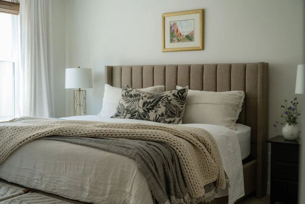 Cozy bedroom with a neutral upholstered headboard, soft bedding, and a framed landscape painting for a nature-inspired look.