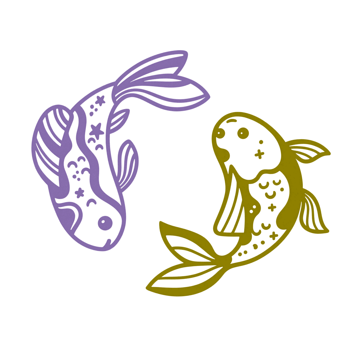 Stylized illustration of a fish and a leafy plant, connected by a blue square in the center.