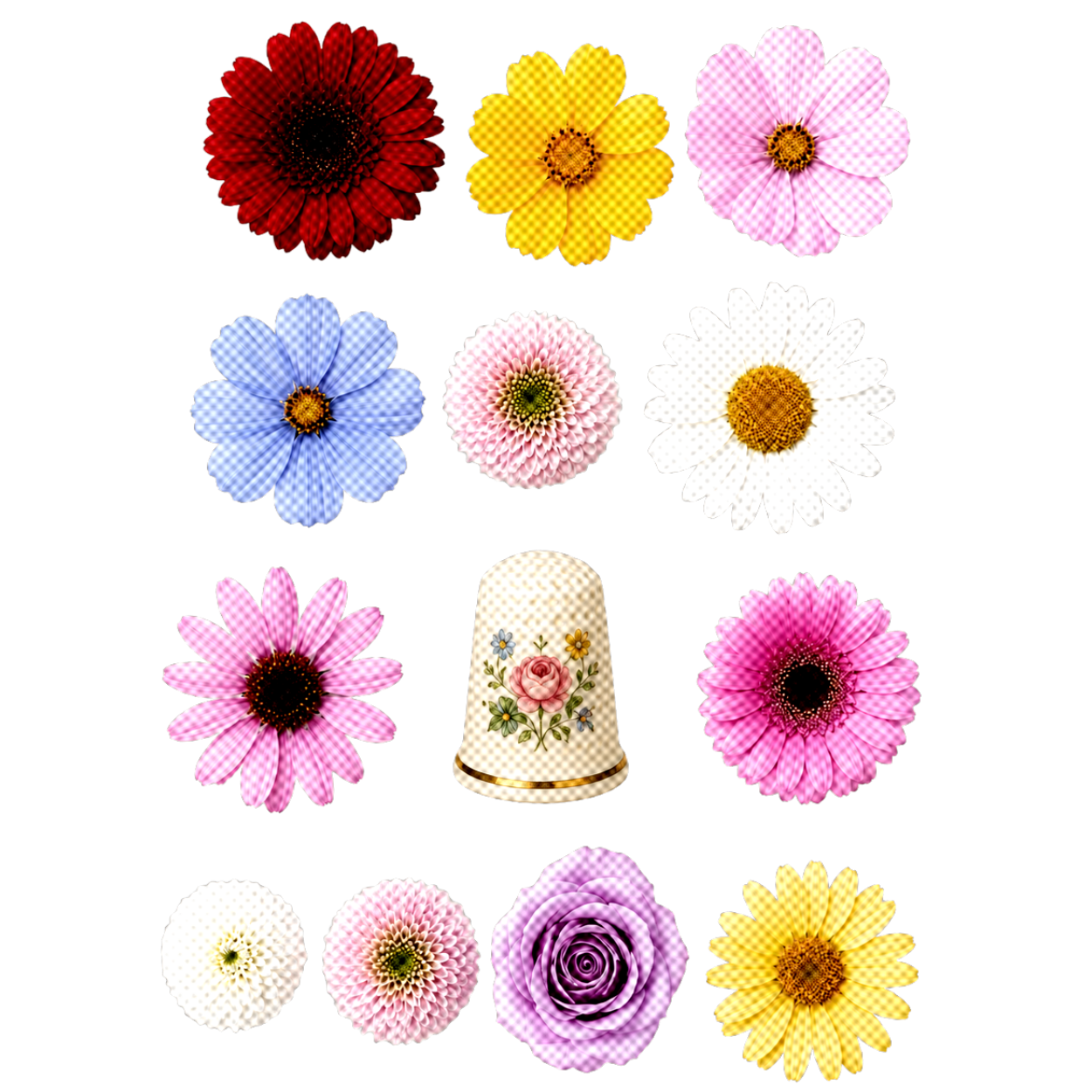 A collection of various colorful flowers and a decorative floral thimble with a pink rose design.