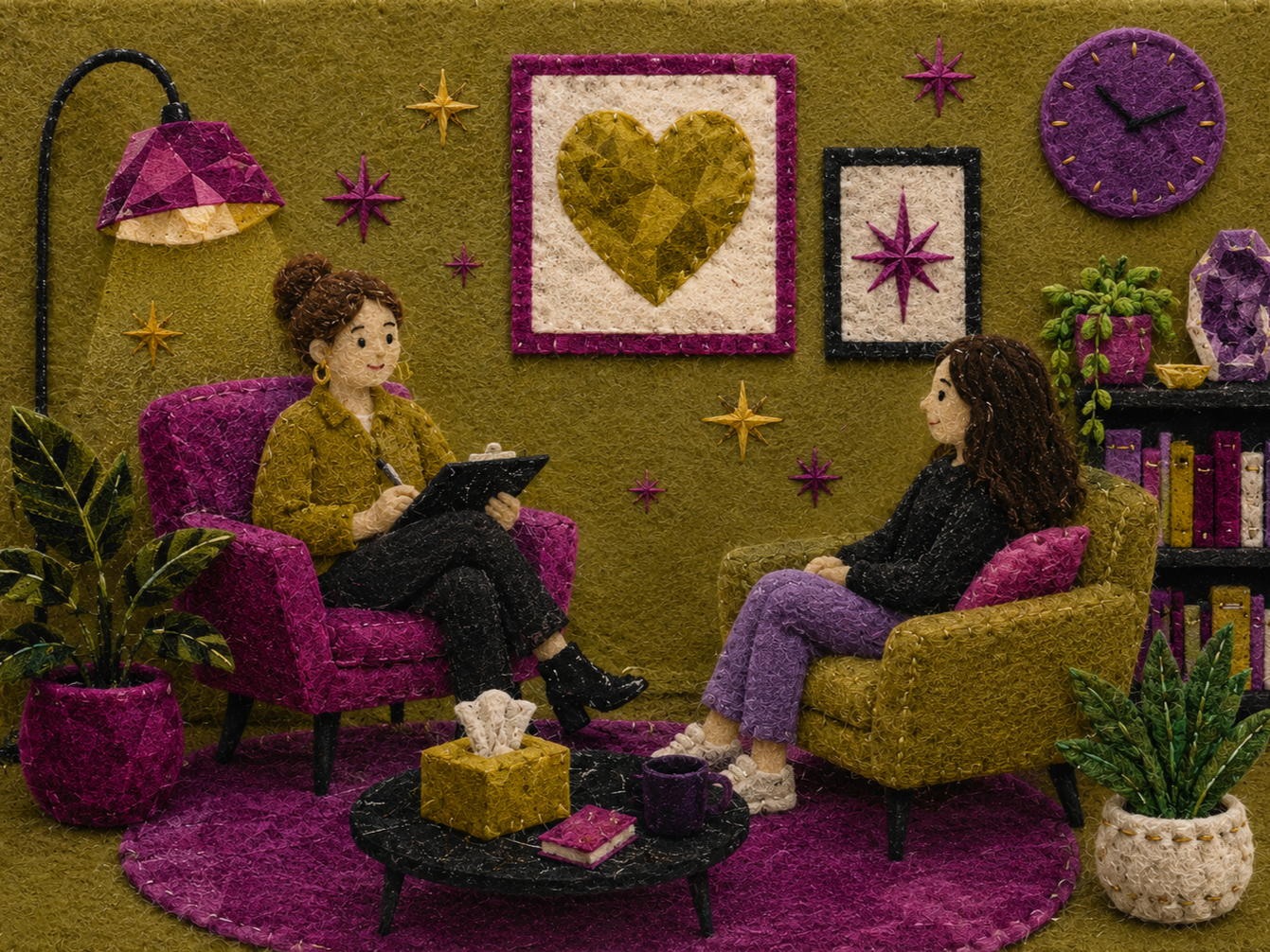 Two women having a conversation in a cozy, colorful living room with mustard and magenta walls, decorated with framed artwork, plants, and stars.