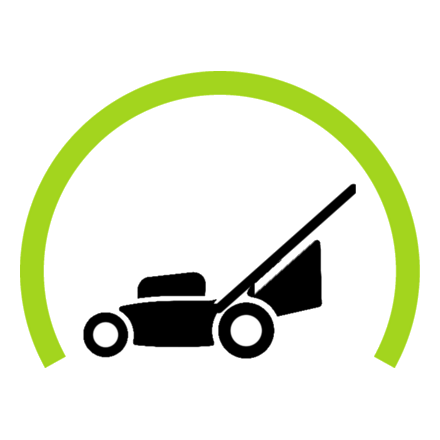 A lawnmower icon inside a green semi-circle arc.