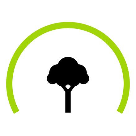 A tree icon inside a green semi-circular arc.