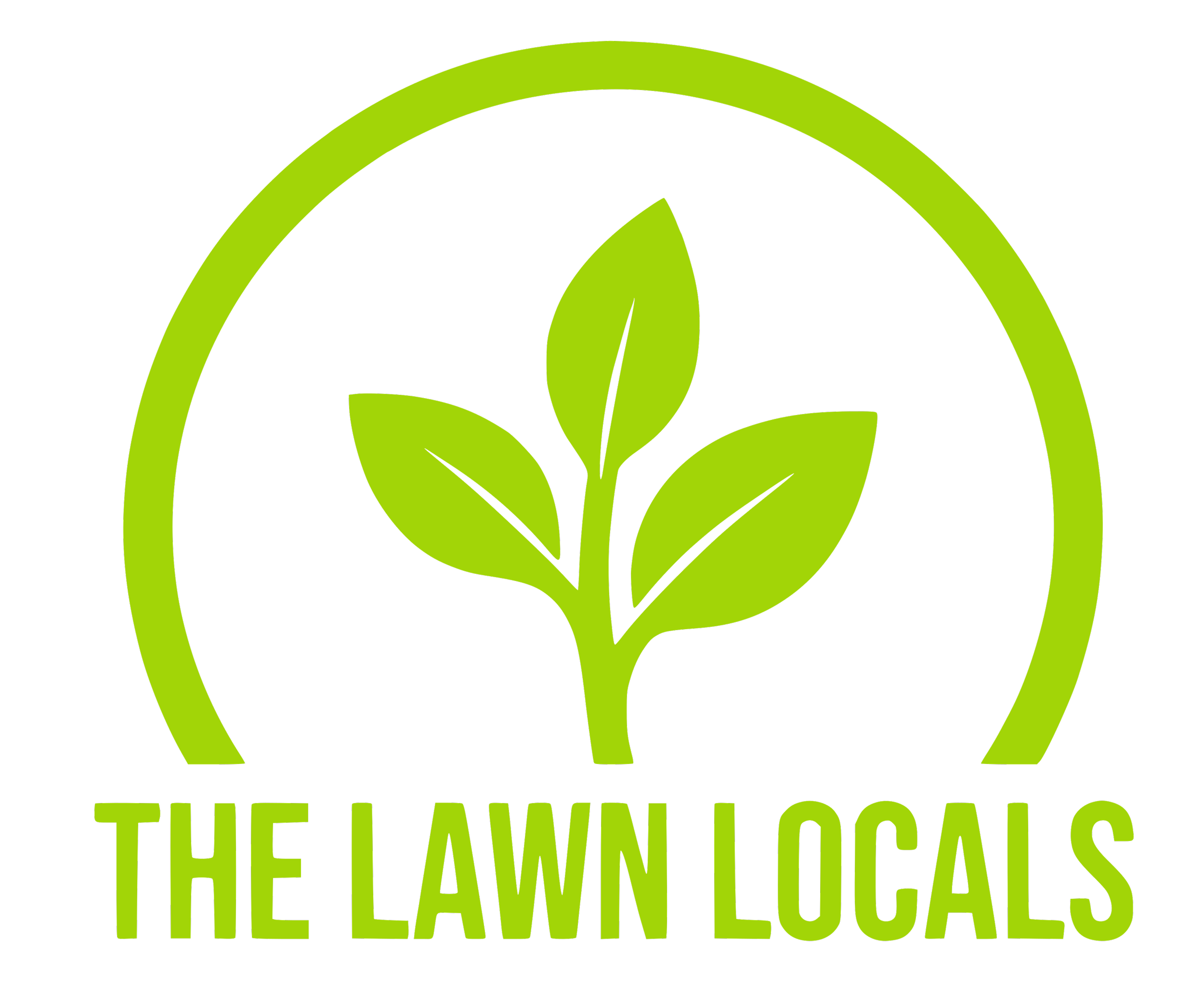 The Lawn Locals Logo; It is a green semi-circle arc with a green leaf inside the arc. Below it is the text: The Lawn Locals.