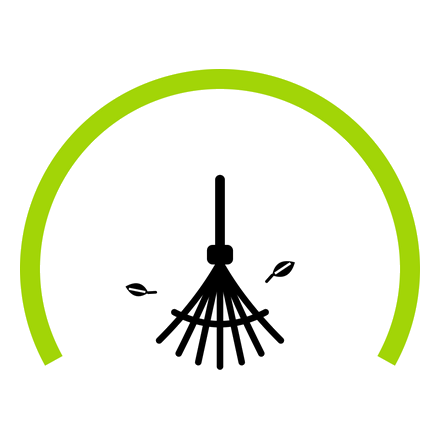 A rake icon with two small leaves beside it inside a green semi-circular arc.