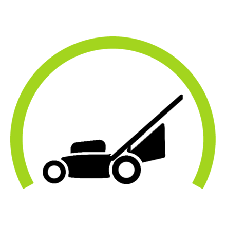 A lawnmower icon inside a green semi-circle arc.