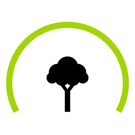 A tree icon inside a green semi-circular arc.