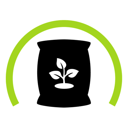 A fertilizer bag icon inside a green semi-circular arc.