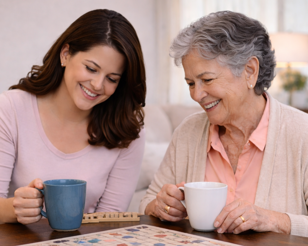 Two women, one young and one elderly, sitting at a table with mugs, smiling and playing a board game together in a bright, cozy living room.