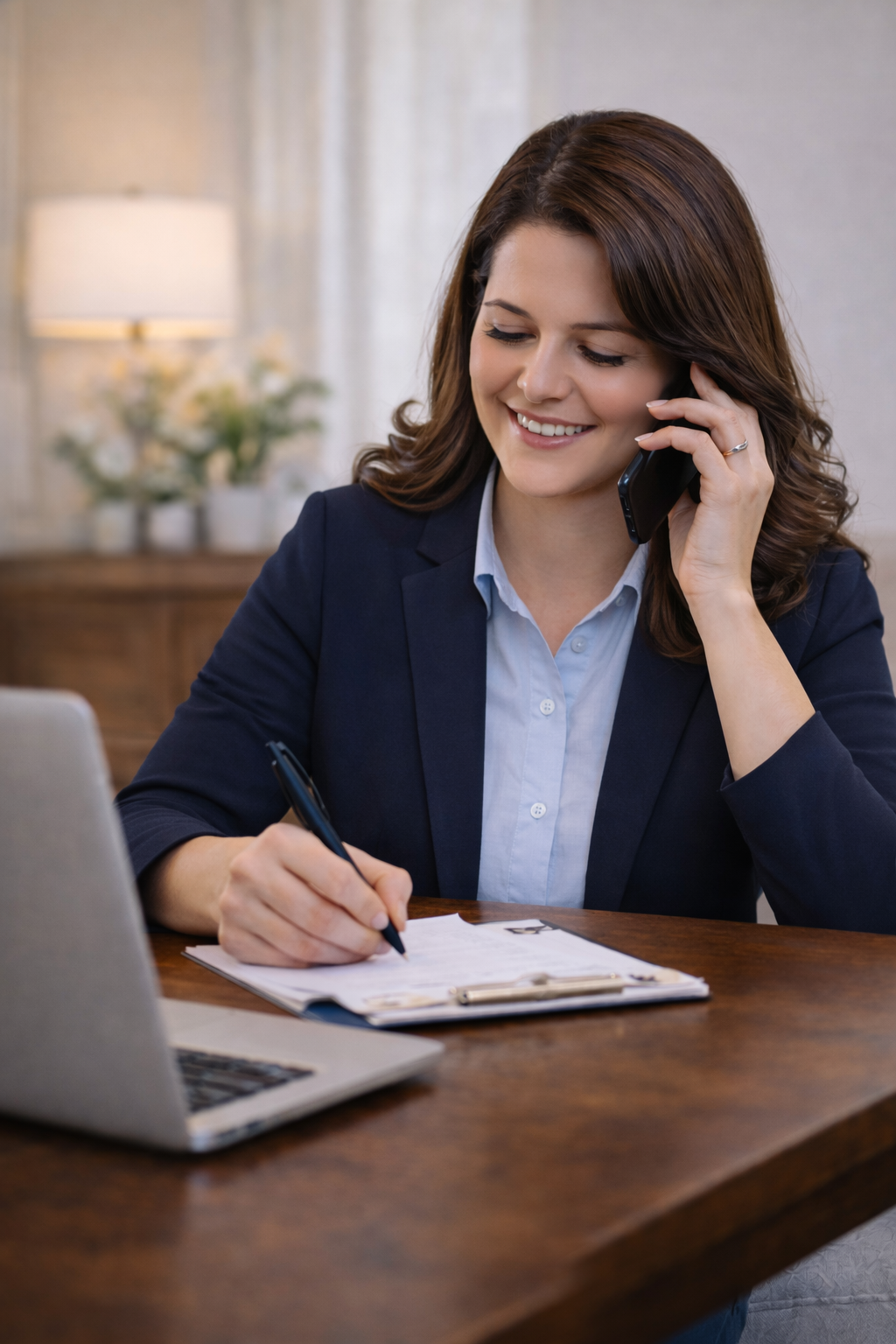 A woman with brown, wavy hair sitting at a wooden desk, smiling while on a phone call, writing on a notepad, with a laptop open in front of her, in a bright and cozy office setting.
