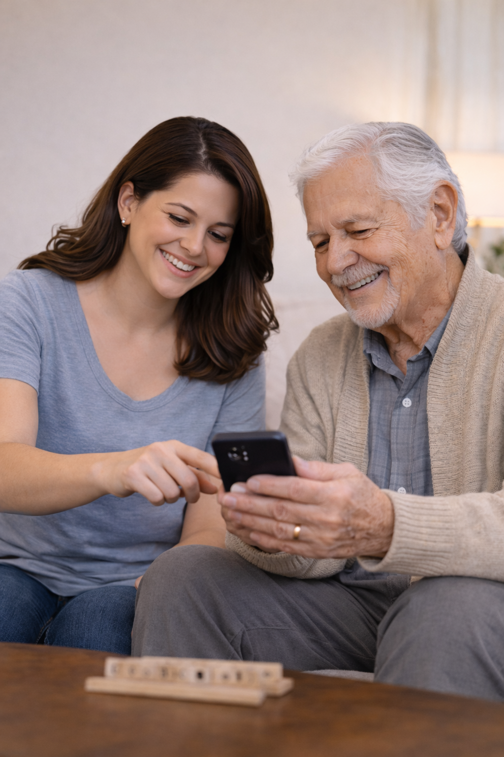 A young woman and an elderly man look at a smartphone together, smiling, sitting at a table in a cozy home setting.