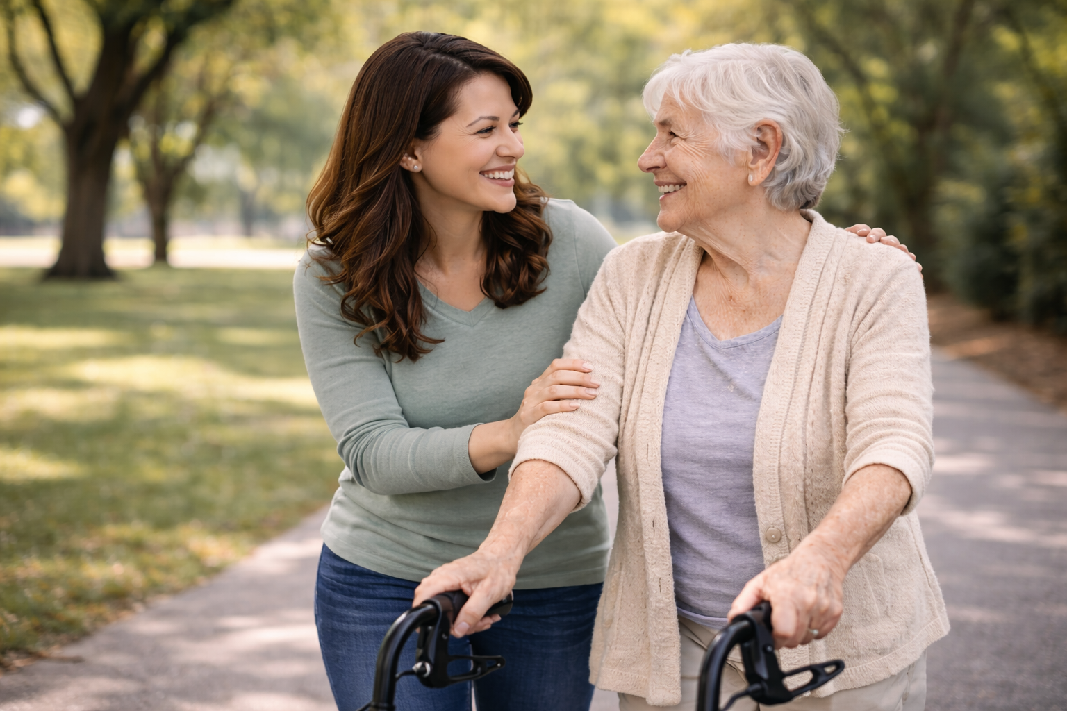 A young woman helping and smiling at an elderly woman using a walker in a park with trees and sunlight.