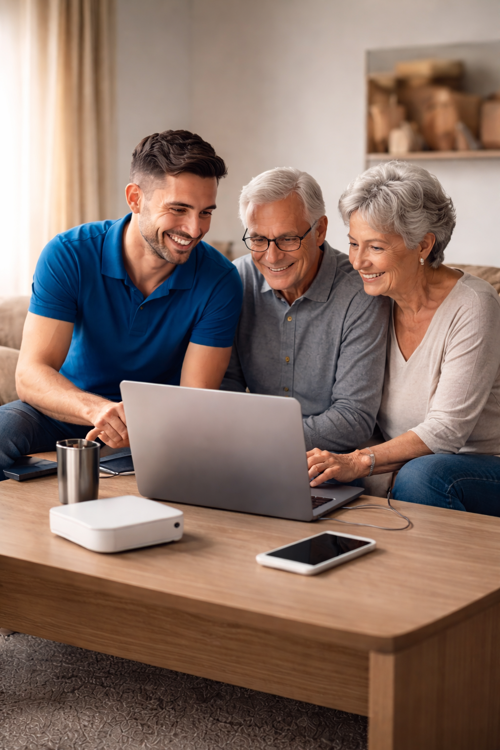 Three generations of a family, a young man, an older man, and an older woman, smiling and looking at a laptop together in a cozy living room.