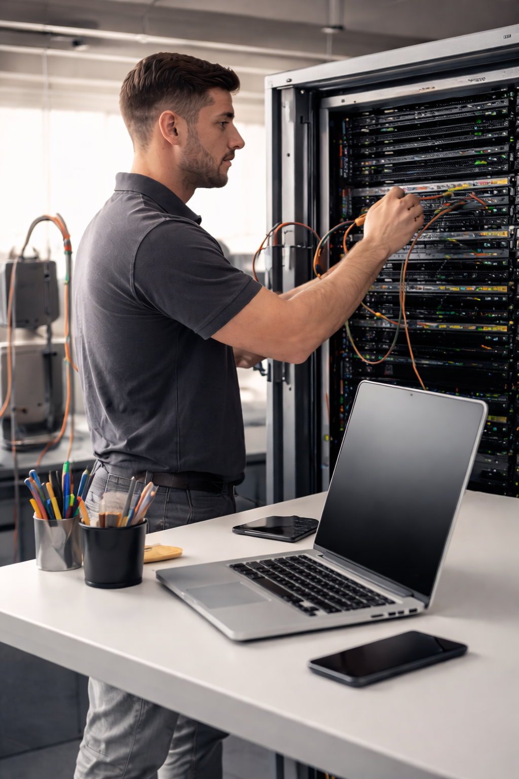 A technician working in a server room, connecting cables to a large server rack, with a laptop, smartphone, and pens on the table beside him.