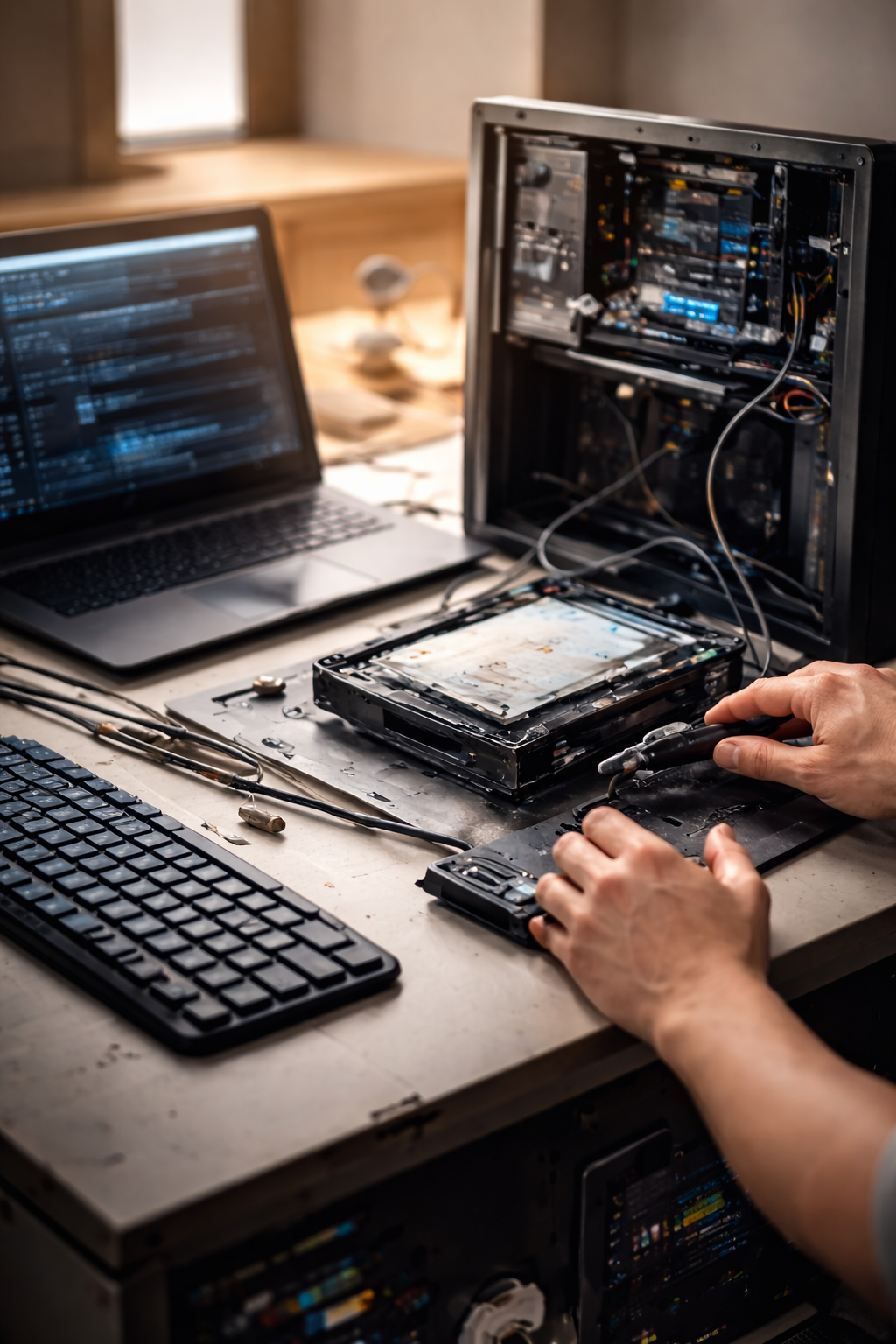 Person repairing a disassembled electronic device on a workbench with a laptop, keyboard, and tools.