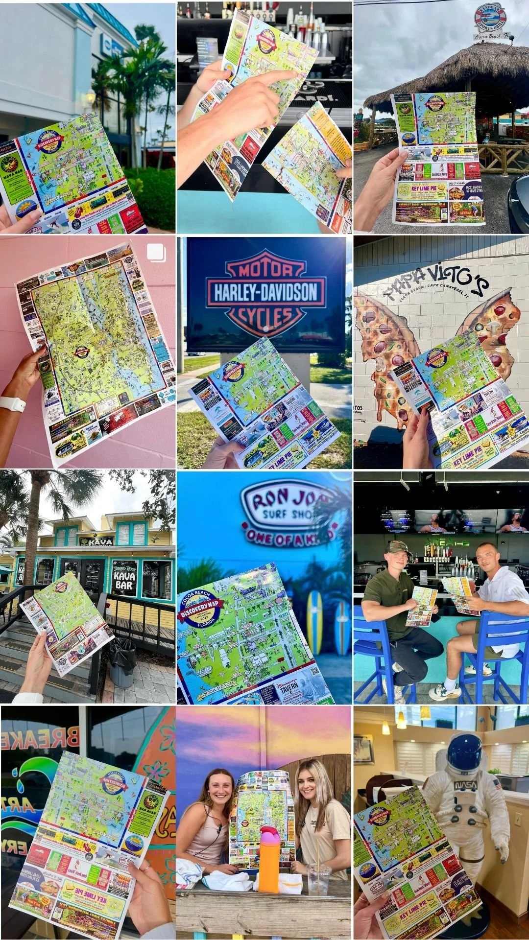 Collage of people holding 2023 Florida tourist maps at various locations including a Harley-Davidson dealership, beach, restaurant, local shops, and tourist attractions in Florida.
