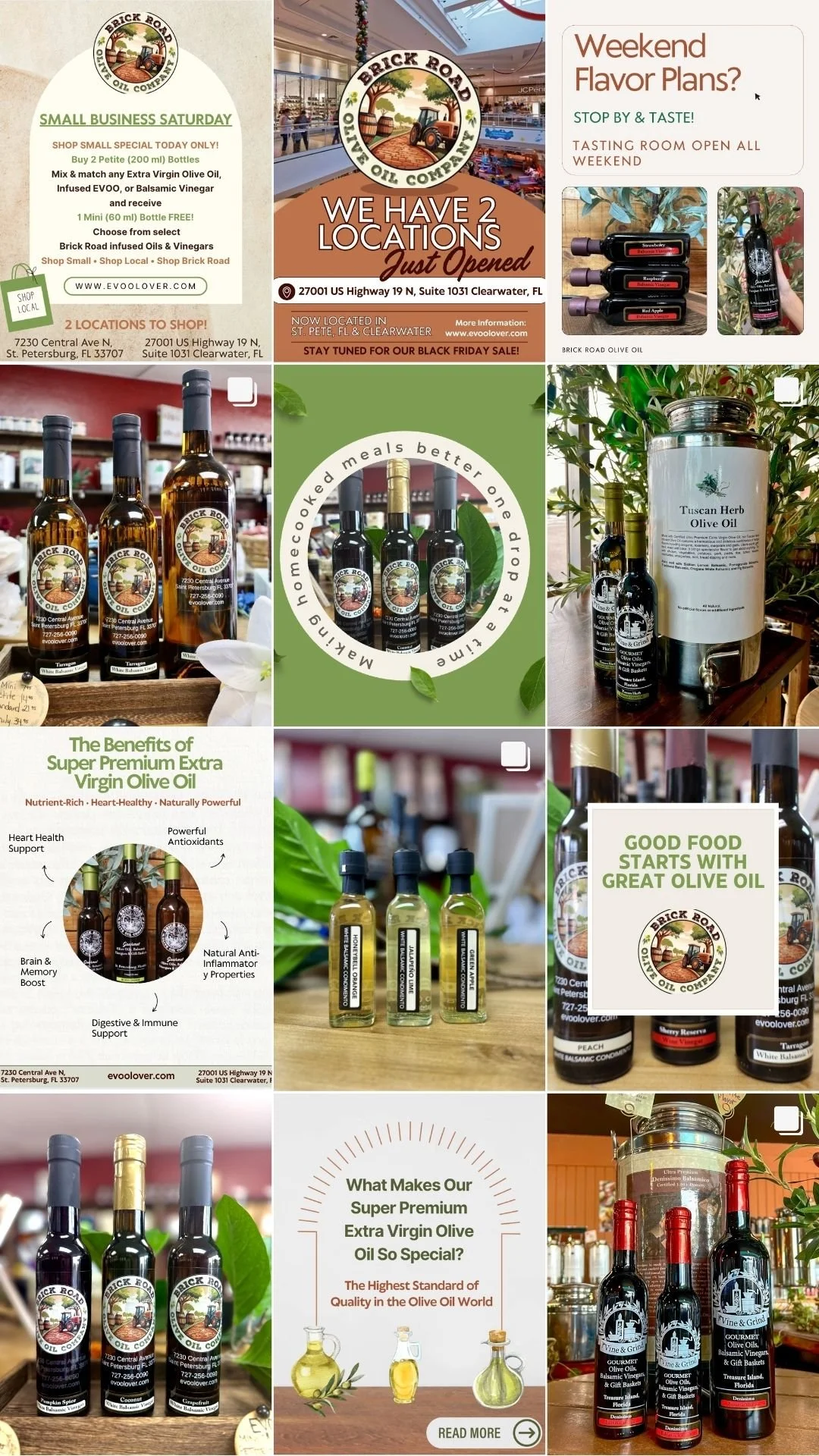 Collage of promotional images and bottles of Brick Road Olive Oil Company products, including various flavors of olive oil and balsamic vinegar, location information, and health benefits, with text emphasizing premium quality and tasting options.