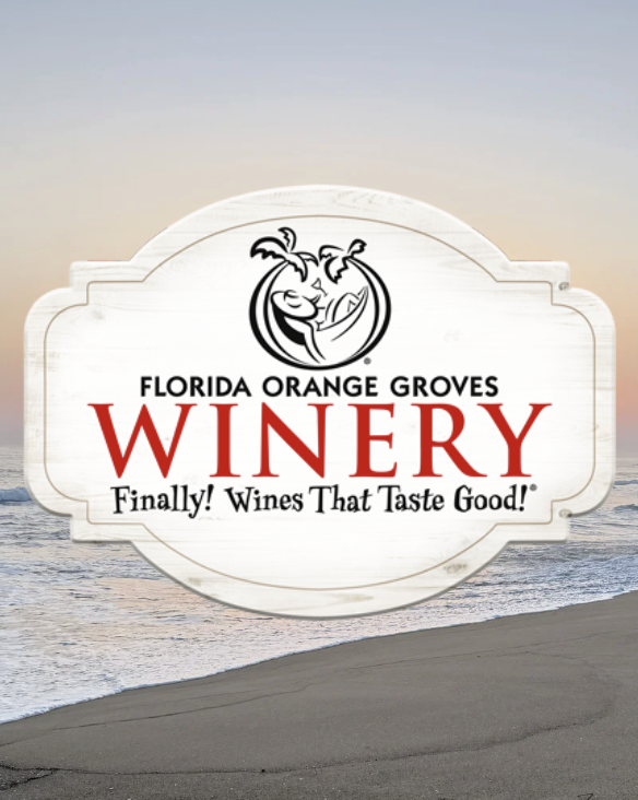 Sign for Florida Orange Groves Winery with a sunset beach background