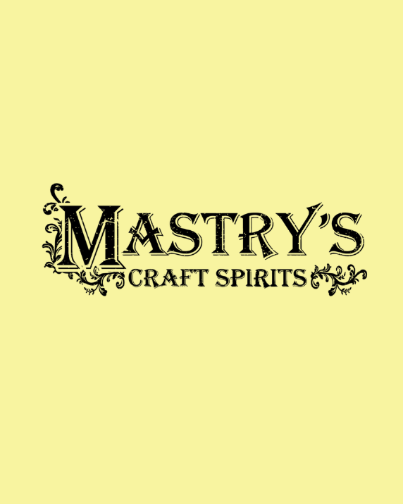 Logo for Maestrys Craft Spirits with decorative black lettering on a pale yellow background.