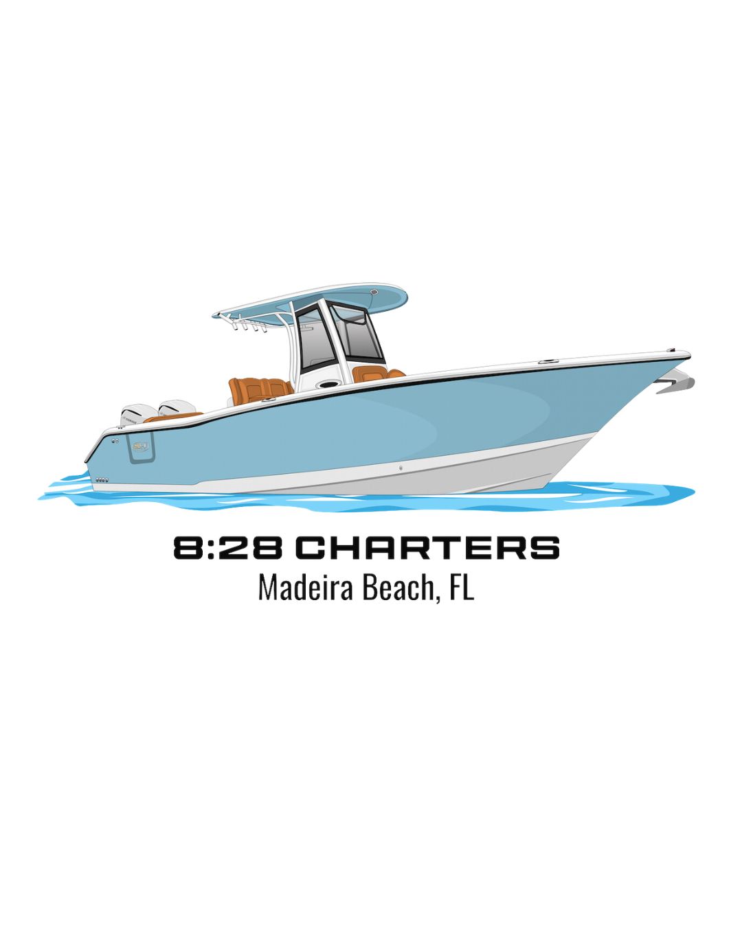 Illustration of a blue and white motorboat with brown seats, sailing on water. Text underneath reads '8:28 Charters, Madeira Beach, FL'.