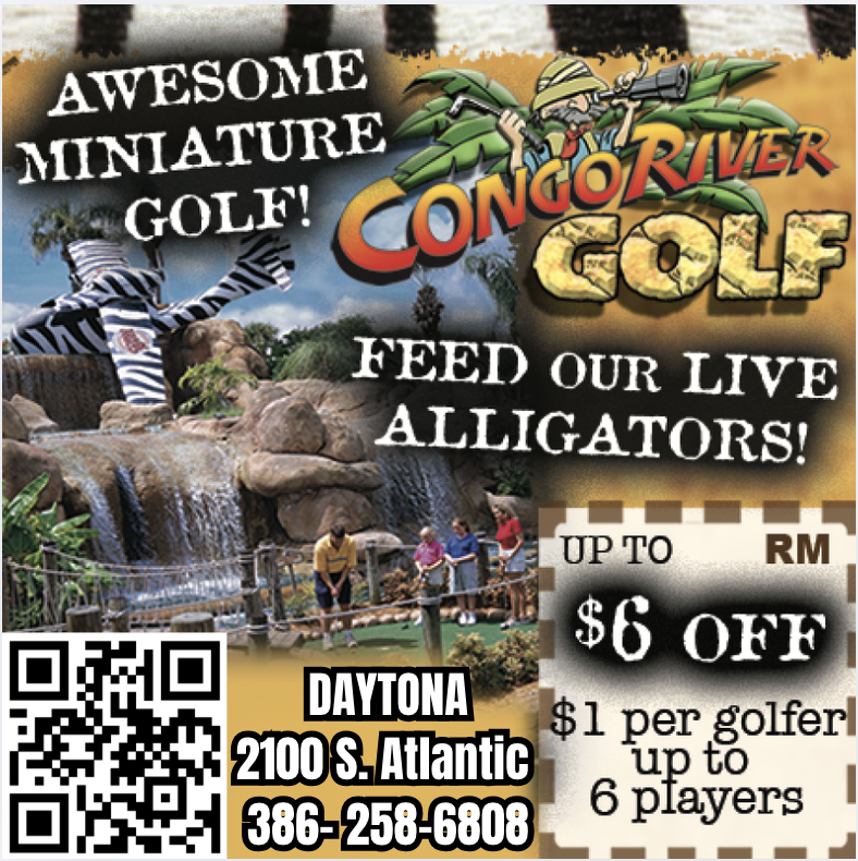 Flyer advertising Congo River Golf with miniature golf, live alligators feeding, a waterfall, children playing, a QR code, and location details in Daytona Beach, Florida.