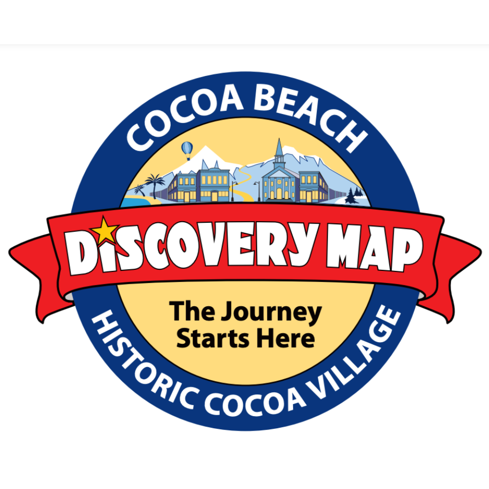 Cocoa Beach Discovery Map logo with a circular design, featuring a mountain scene, buildings, and a hot air balloon, with a red banner in the center displaying 'Discovery Map' and the tagline 'The Journey Starts Here', and surrounding text 'Cocoa Beach' and 'Historic Cocoa Village'.
