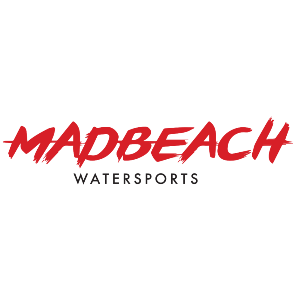 Madbeach Watersports logo in red and black text on a white background.