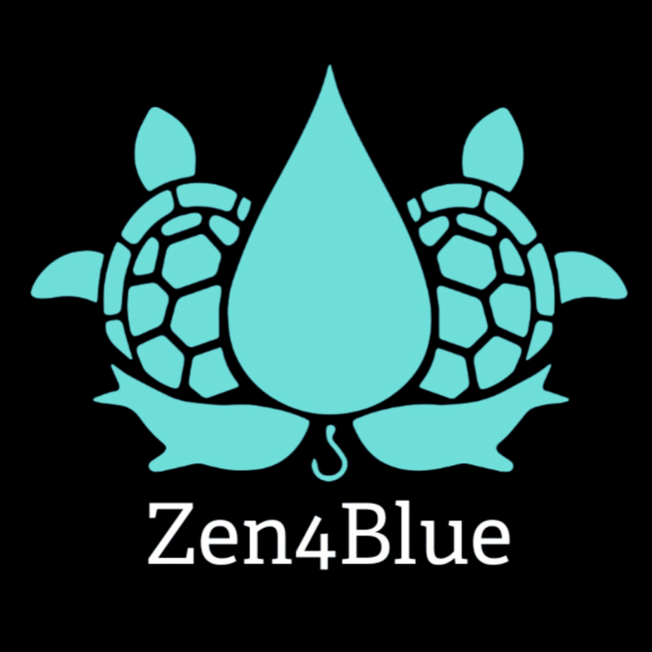 A logo featuring a large water droplet, two turtles, and lotus flowers with the text 'Zen4Blue' underneath.