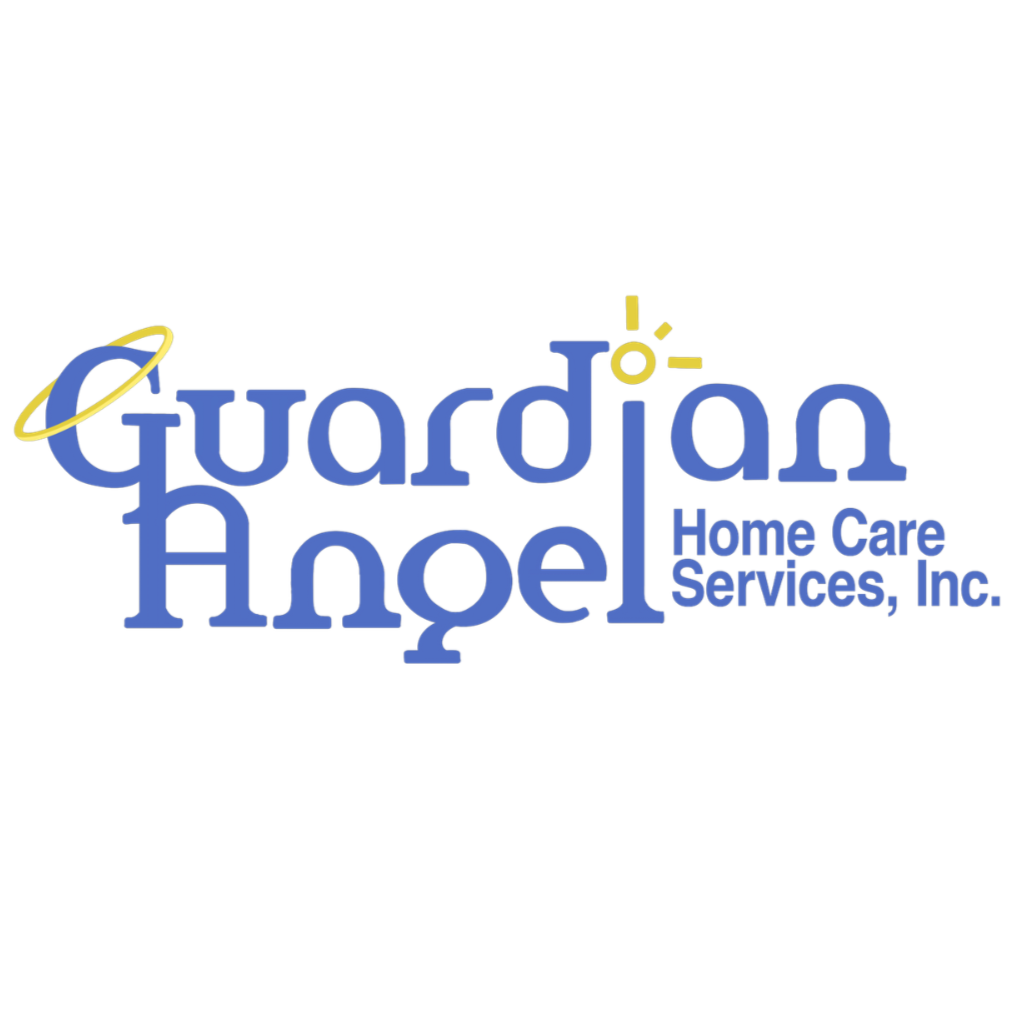 Logo for Guardian Angel Home Care Services, Inc., featuring the company name with a yellow halo over the letter 'G' and a small sun symbol above the letter 'i' in yellow.