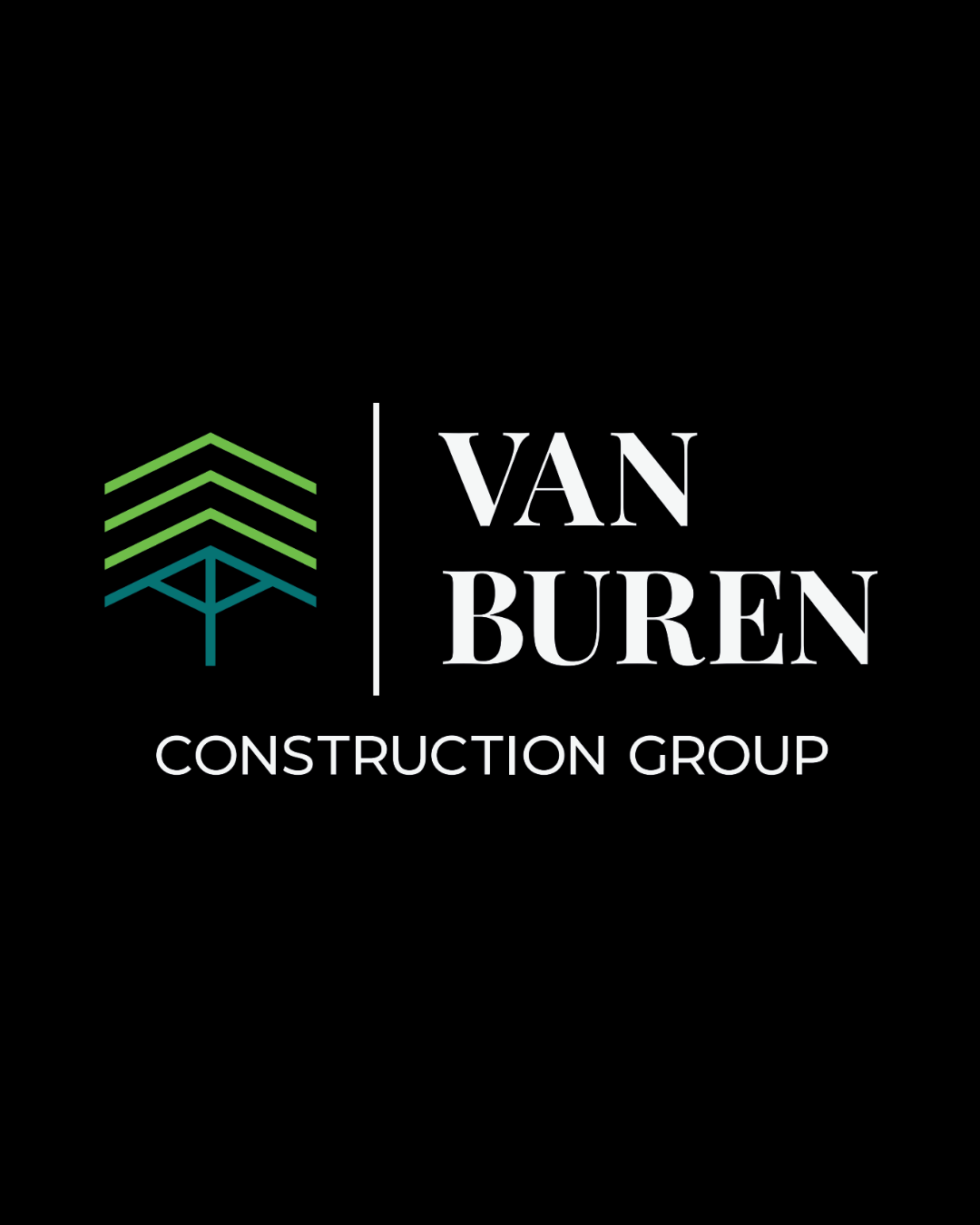 Logo for Van Buren Construction Group with stylized green and blue house icon on black background.