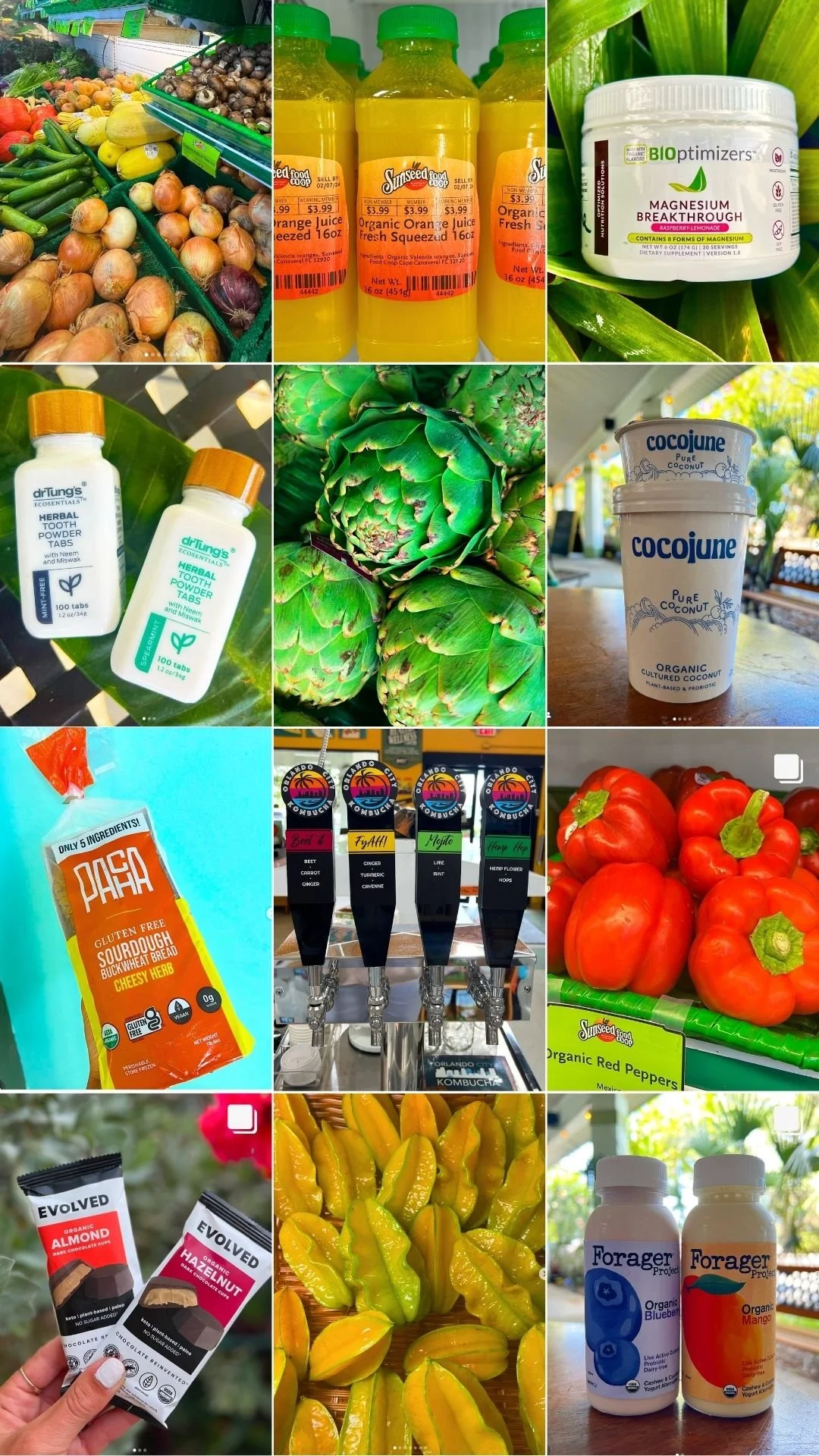 Collection of various health foods and fresh produce, including onions, orange juice, magnesium supplement, coconut products, gluten-free bread, kombucha, red peppers, plant-based chocolate bars, spicy peppers, yogurt drinks, and more.