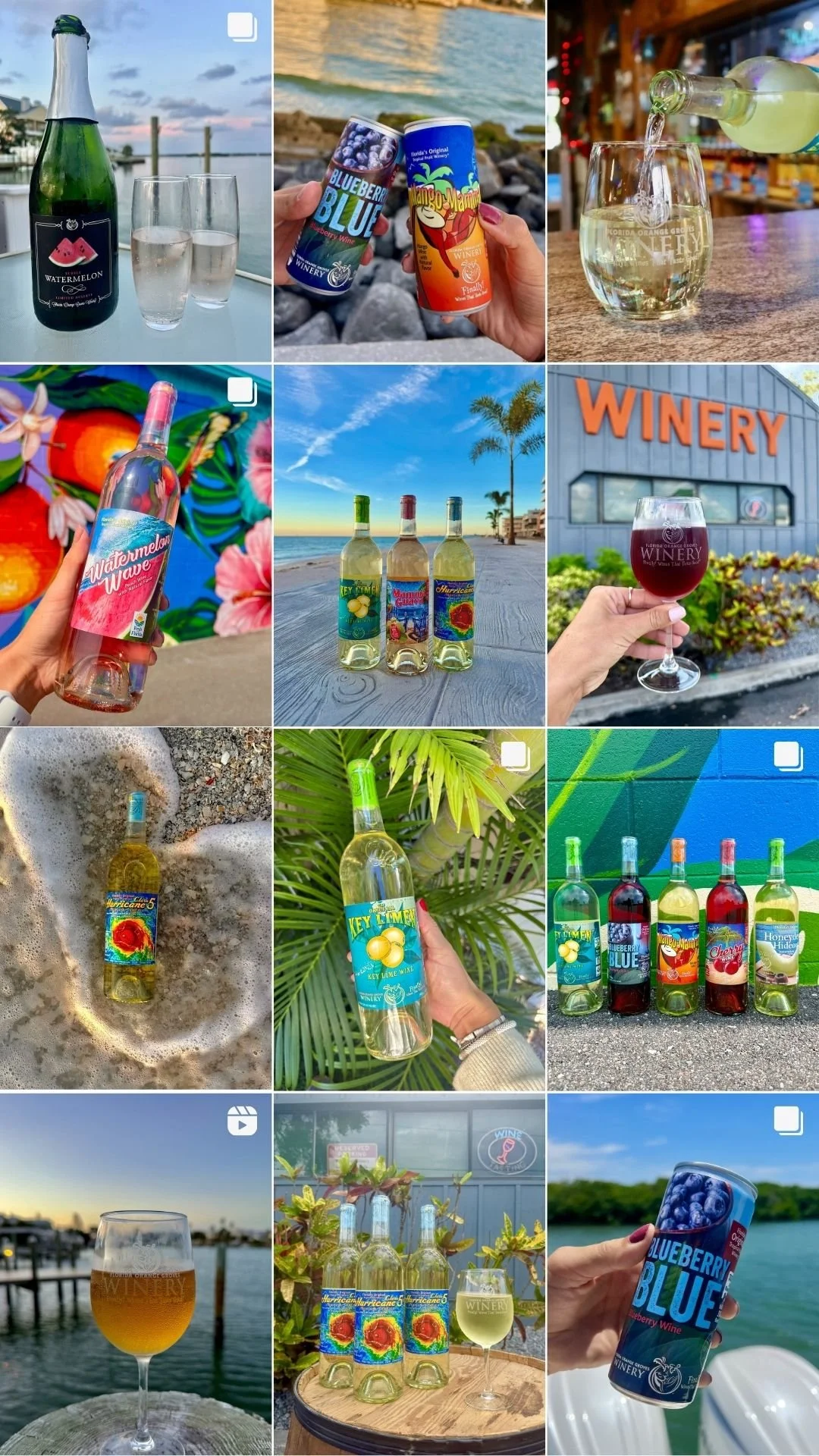 A collage of images featuring bottles and cans of flavored wine, including blueberry, watermelon, tropical, and key lime flavors, with some bottles on beaches, at wineries, and in outdoor settings.
