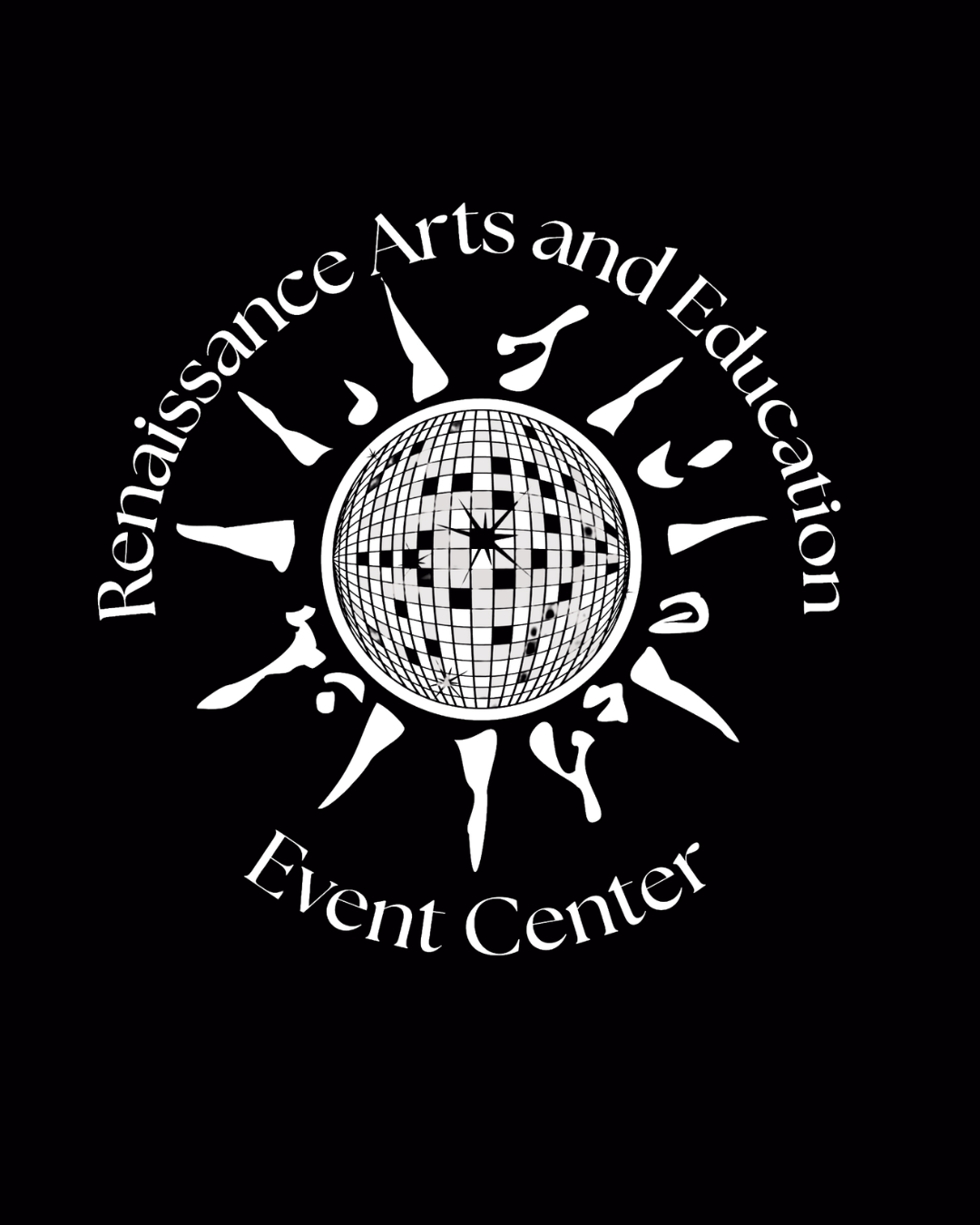 Logo for Renaissance Arts and Education Event Center with a globe surrounded by a circle of abstract shapes and the organization name in white on a black background.