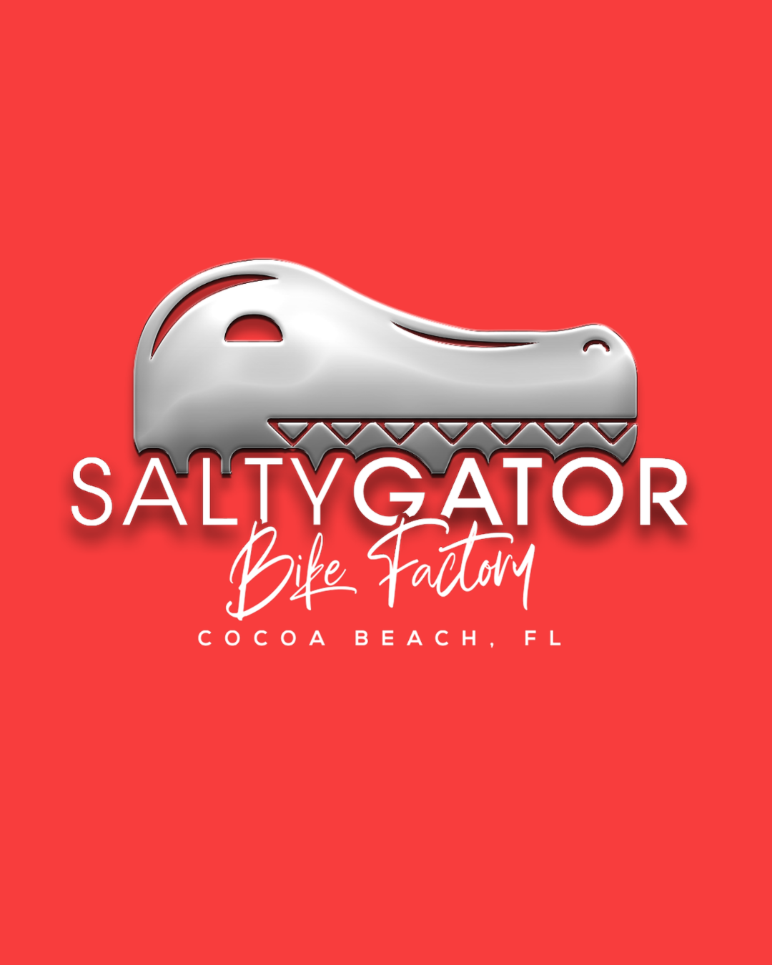Logo for Salty Gator Bike Factory in Cocoa Beach, FL, featuring a silver alligator head with a crouton like element, set against a coral red background, with text in white and cursive.