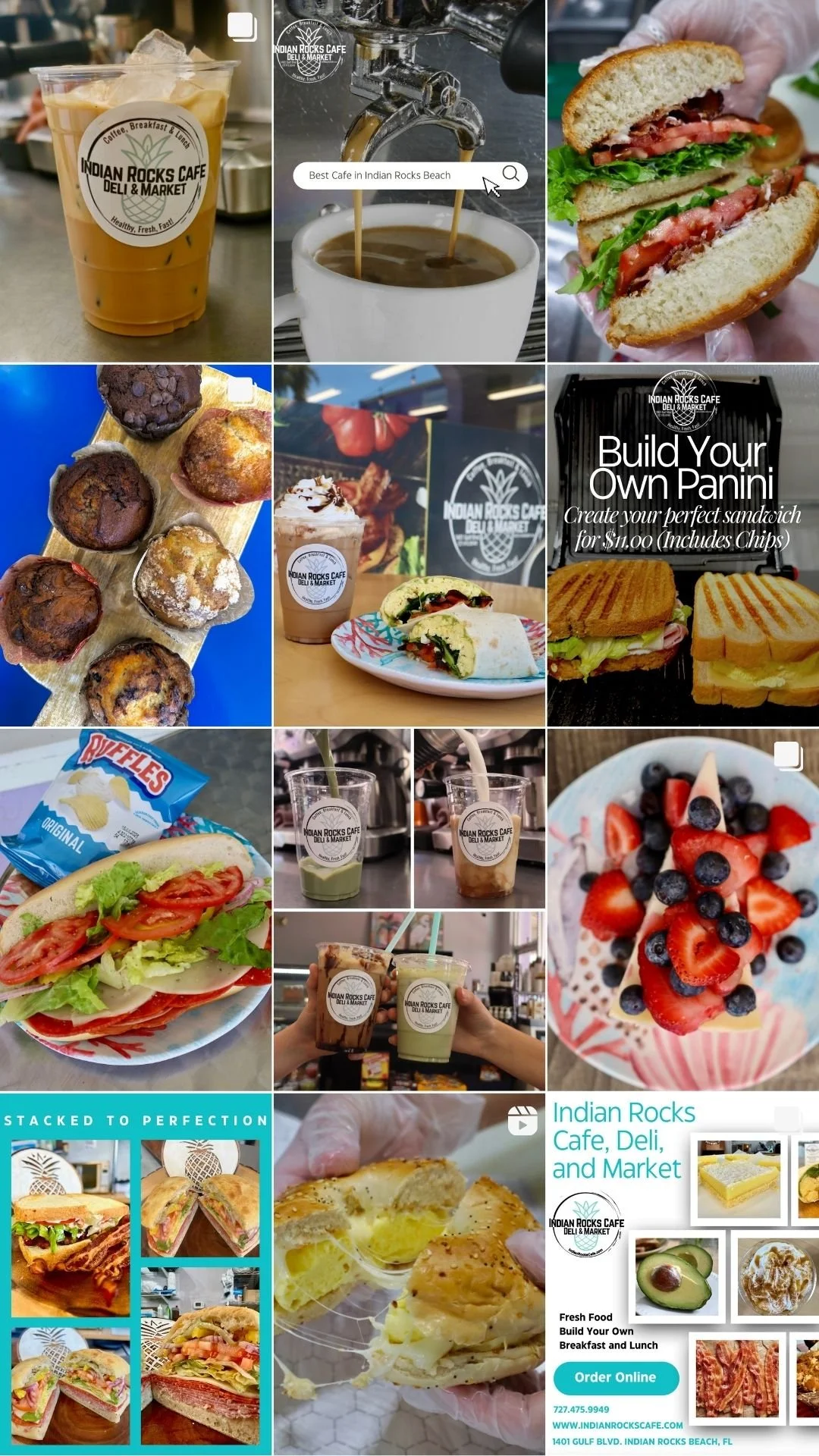Collage of images showing food and drinks from Indian Rocks Cafe. Items include iced coffee, espresso, a sandwich, assorted muffins, a wrap, fruit-topped dessert, smoothies, a cupcake, and a chicken sandwich. The cafe's logo and promotional text are also visible.