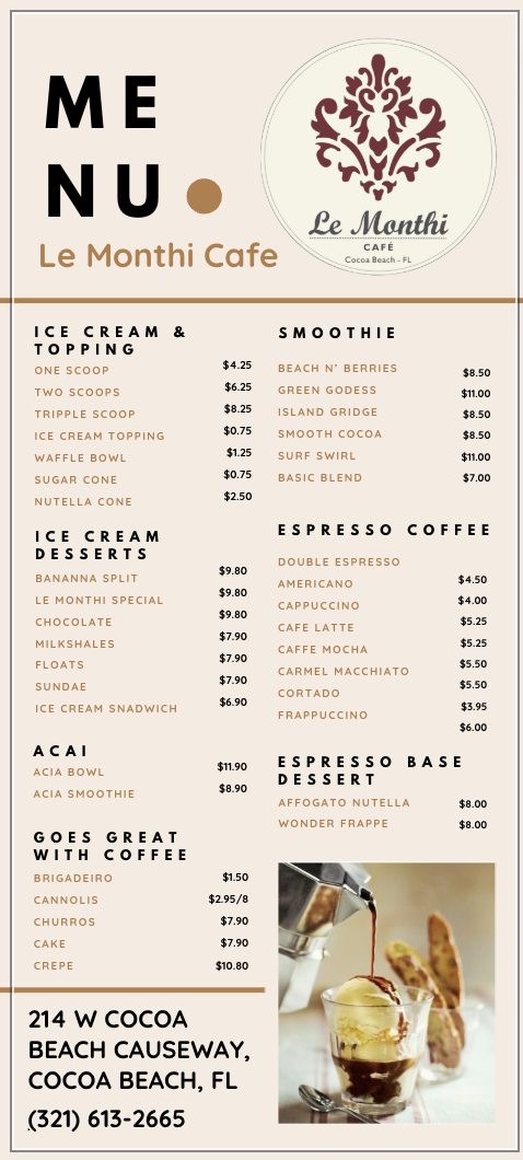 Menu for Le Monti Cafe in Cocoa Beach, FL, featuring ice cream, smoothies, espresso drinks, and desserts, with prices.