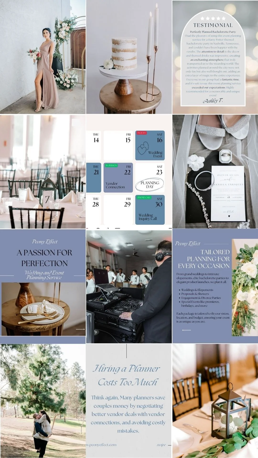 Collage of wedding planning images including a woman in a pink dress, a wedding cake, a testimonial card, a wedding schedule, wedding invitations, a DJ, a wedding bouquet, and a decorated table.