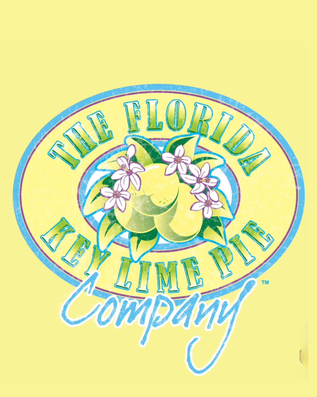 Logo for The Florida Key Lime Pie Company featuring a lemon and key lime illustration with purple flowers and green leaves, surrounded by blue and yellow text on a pastel yellow background.