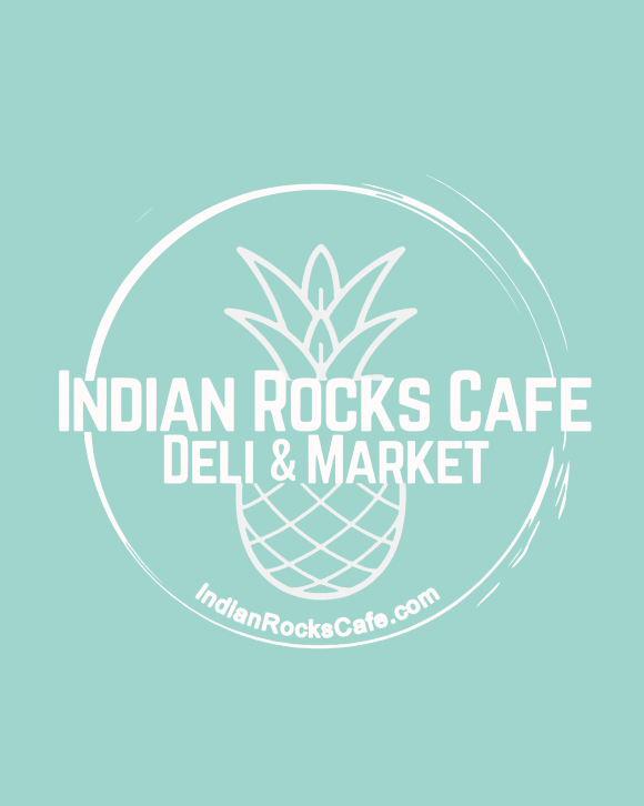 Logo for Indian Rocks Cafe Deli & Market with a stylized pineapple illustration and website URL.