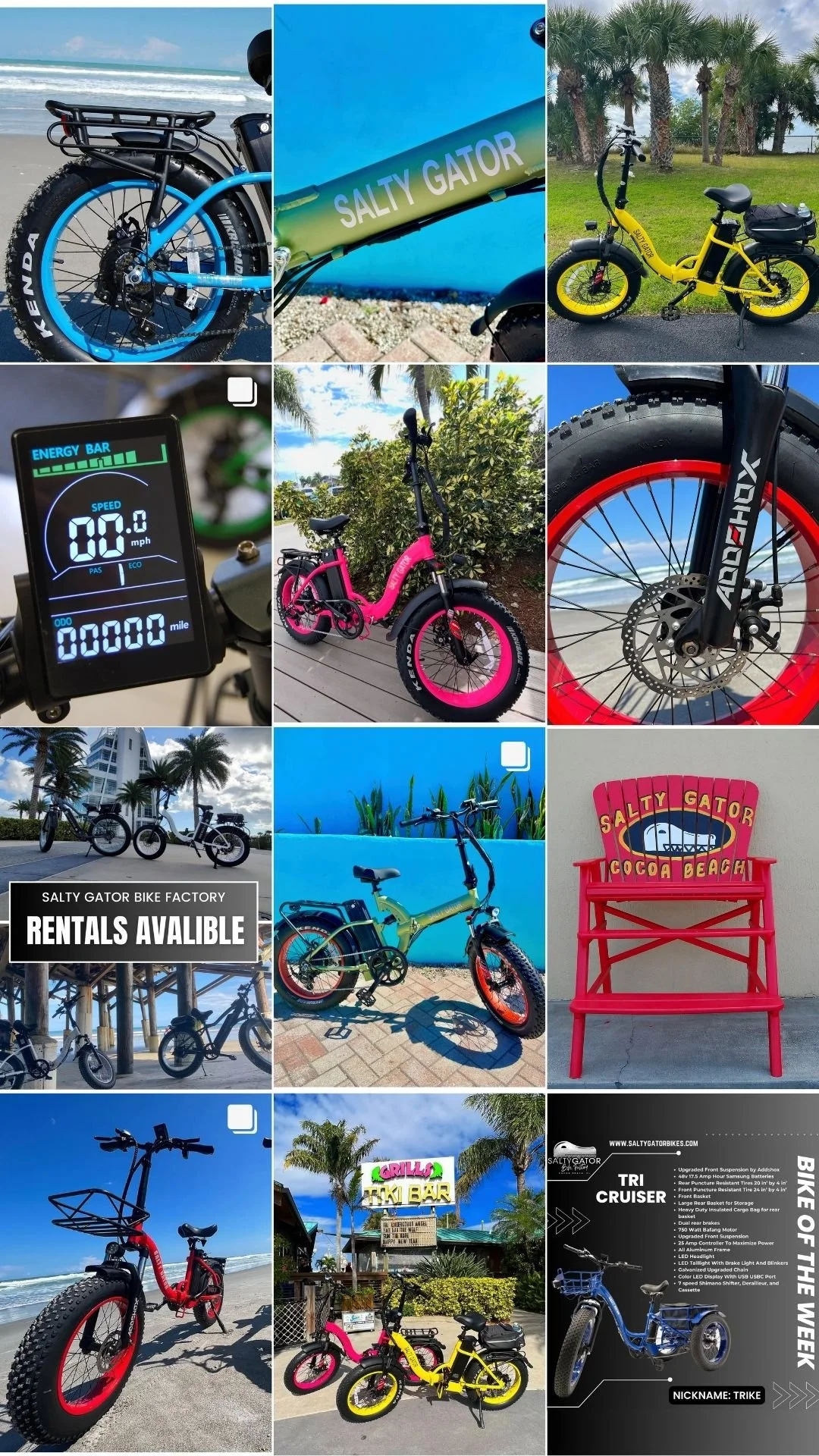 A collage featuring various bicycles and e-bikes at a beach and outdoor locations, including close-ups of bike details, a sign for Salty Gator, and a decorative chair with the Salty Gator logo.