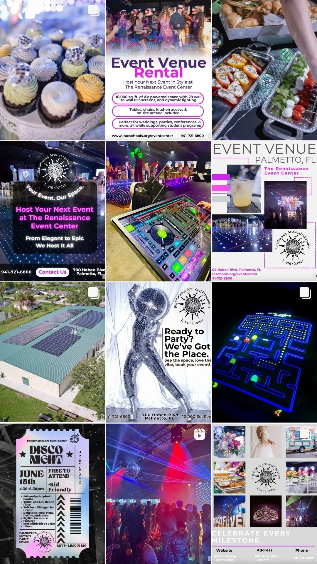 A collage of images advertising events at Renaissance Event Center, including a cupcake display, a buffet with appetizer bowls, a dance party with DJ equipment, solar panels on a building, a disco-themed party with dancers and lighting, and a flyer for a disco night event with details of date, time, and location.