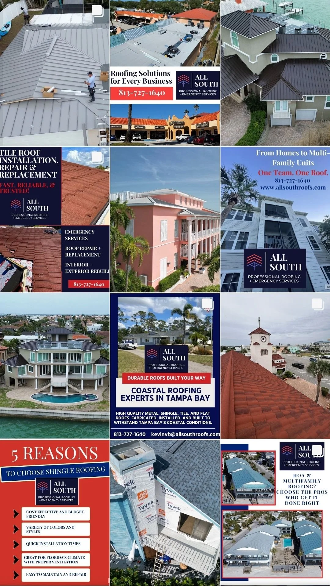 Collage of roofing service advertisements including images of various roof types, buildings, and roofing materials, with contact information for All South Roofing in Tampa Bay.