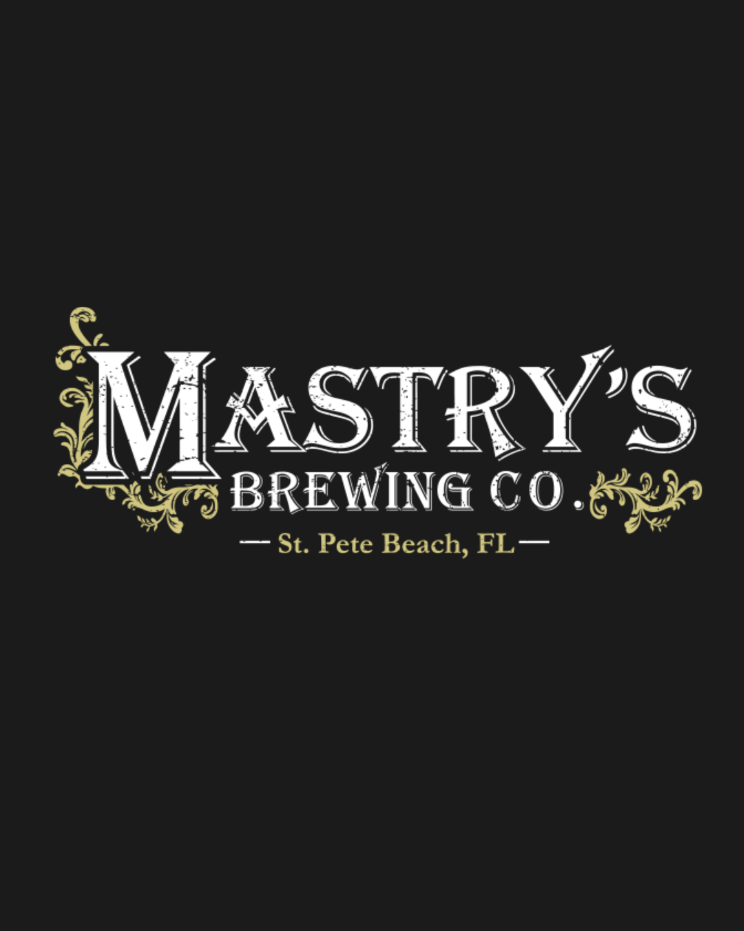 Logo for MASTRY'S BREWING CO. in St. Pete Beach, FL, with decorative gold accents and a black background.