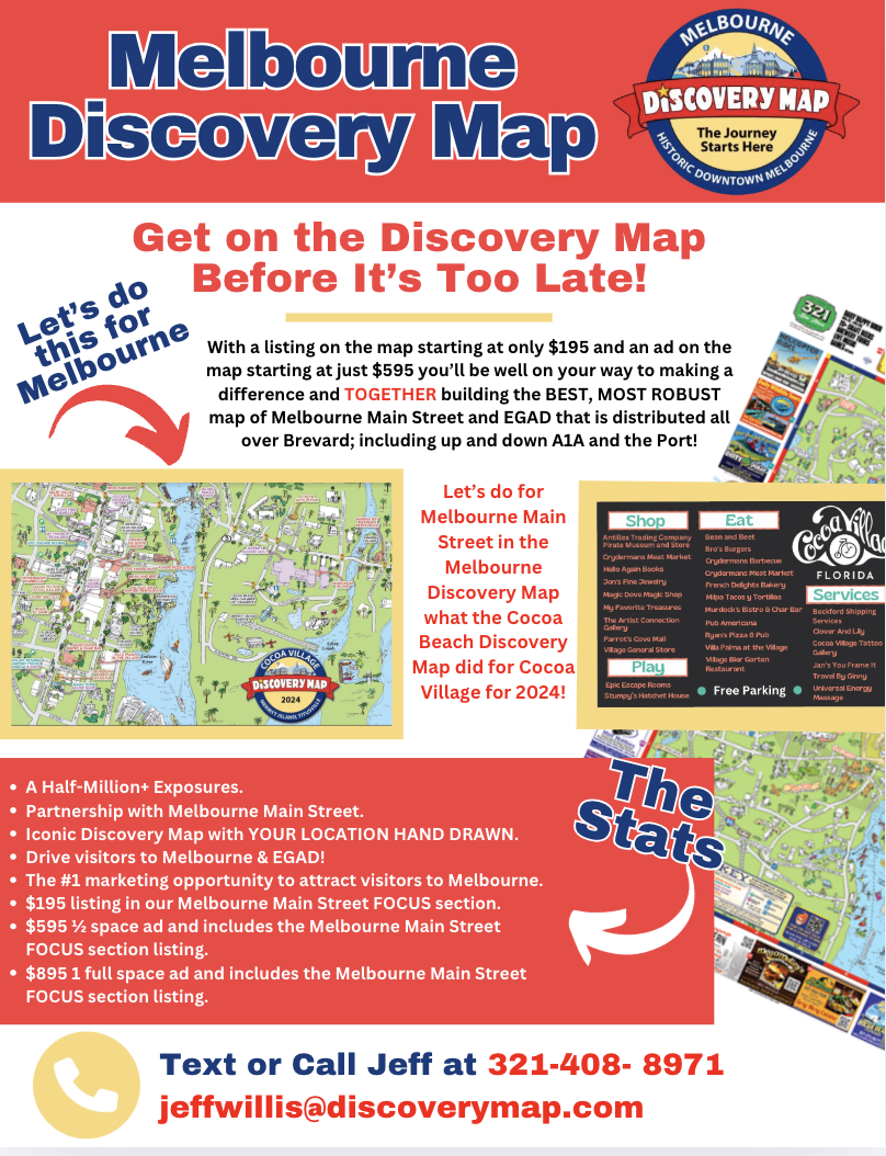 Advertisement poster for Melbourne Discovery Map promoting building a comprehensive map of Melbourne's downtown area with services, features, and contact details.