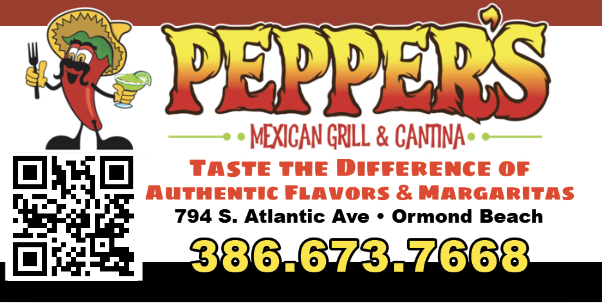 Colorful restaurant advertisement for Pepeppers Mexican Grill & Cantina. Features a cartoon red chili pepper character wearing a sombrero, holding a fork and cocktail glass. Text promotes authentic flavors and margaritas, with the address 794 S. Atlantic Ave, Ormond Beach, and a phone number 386-673-7668. Includes a QR code.