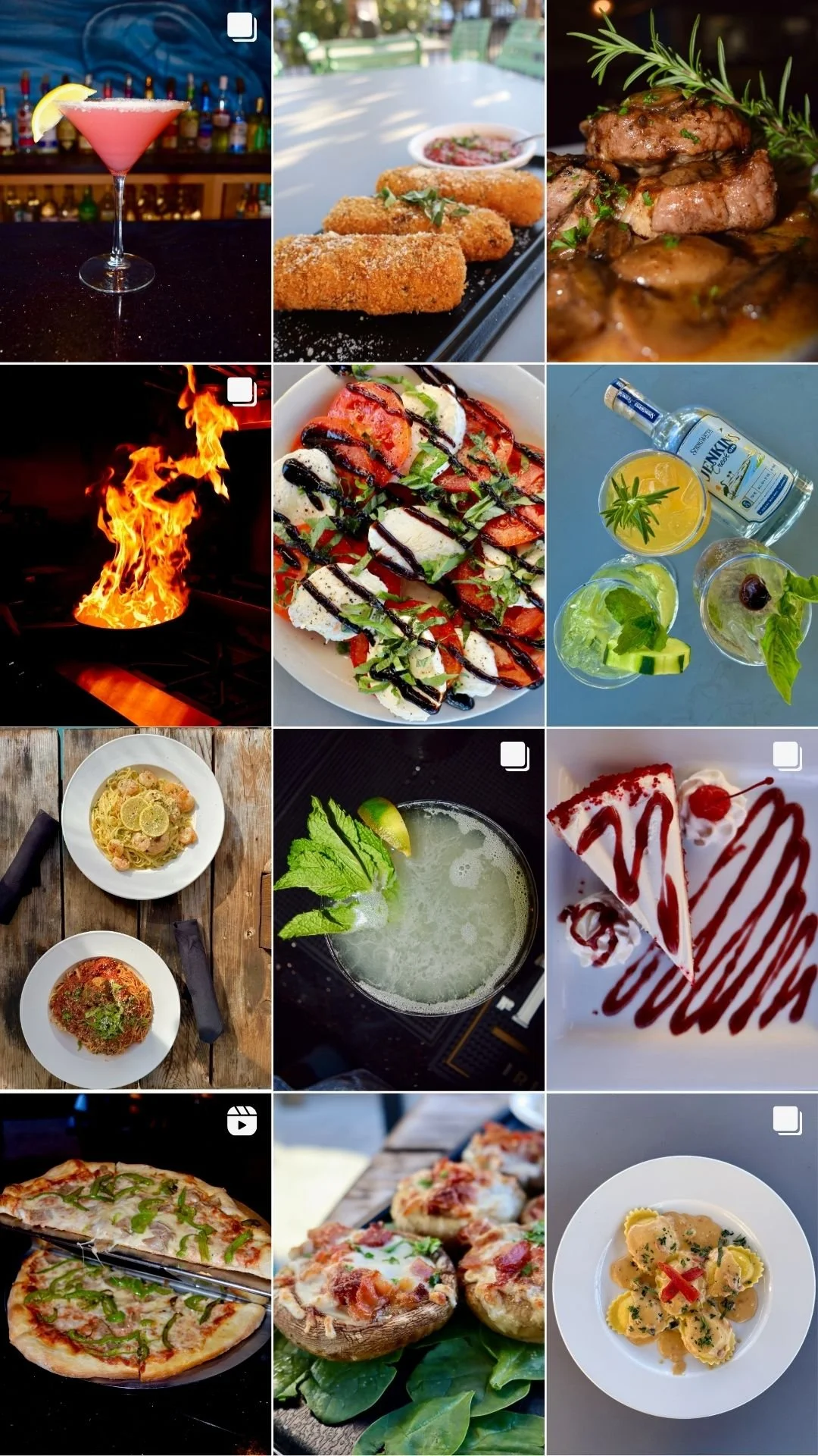 Assorted images of food and drinks including a pink cocktail, breaded fried shrimp, grilled steak, a flaming stove, Caprese salad, spirits with citrus and herbs, pasta with lemon, a lime mojito, a slice of cake with red sauce, a pizza, stuffed mushrooms, and a ravioli dish.